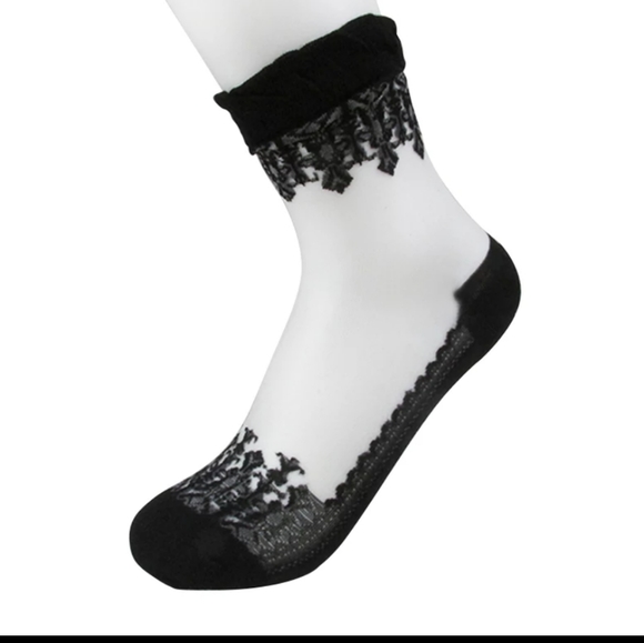 🎃🕸️ Wednesday Adams Style Sheer Embroidered Lace Socks - Picture 5 of 8